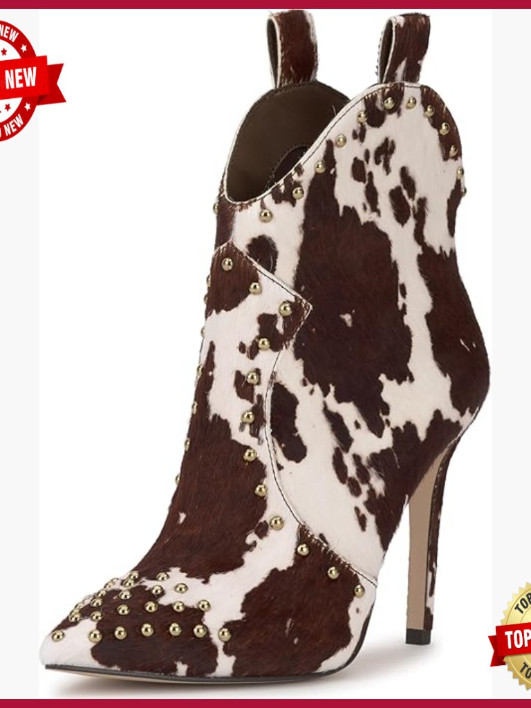 Leather Western Stiletto Booties With Stud Detail, Pointed Toe